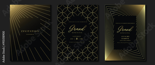Luxury invitation card background vector. Golden elegant wavy gold line pattern on black background. Premium design illustration for wedding, vip cover template, grand opening, flyer.