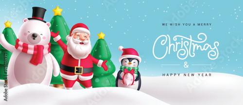 Christmas characters vector banner design. Merry christmas and happy new year greeting text with santa claus, polar bear, penguin and pine tree balloons in snow winter background. Vector illustration 