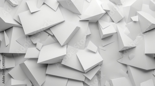 A variety of white geometric shapes are clustered together in a dynamic arrangement photo