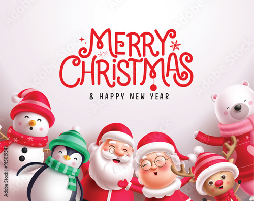 Merry christmas greeting vector design. Christmas characters greetings card with santa claus, mrs claus, penguin, snowman and reindeer xmas character for new year cards template. Vector illustration 