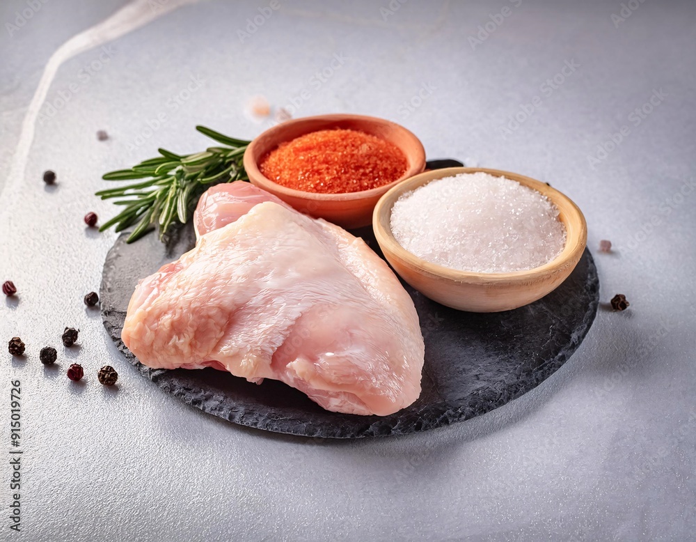 fresh chicken thigh meat placed on a white stone background with spices. generative ai fresh chicken thigh meat placed on a white stone background with spices. generative ai