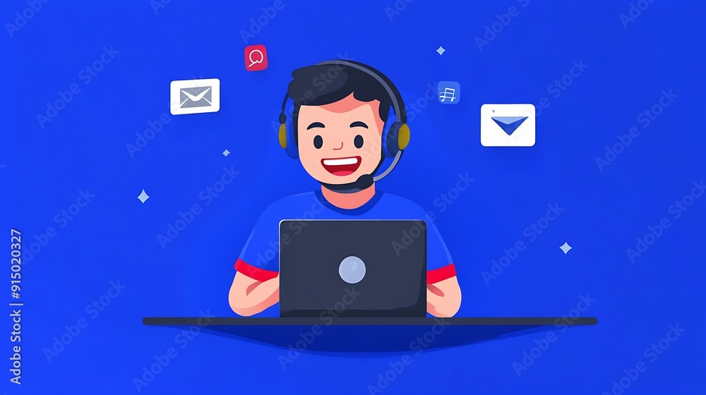 Cheerful male character engaged in online communication, highlighted by icons representing messaging and email on a vibrant blue background. Cheerful male character engaged in online communication, highlighted by icons representing messaging and email on a vibrant blue background.