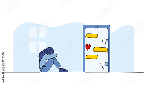 Vector illustration of bullying on social media. Modern flat in continuous line style.