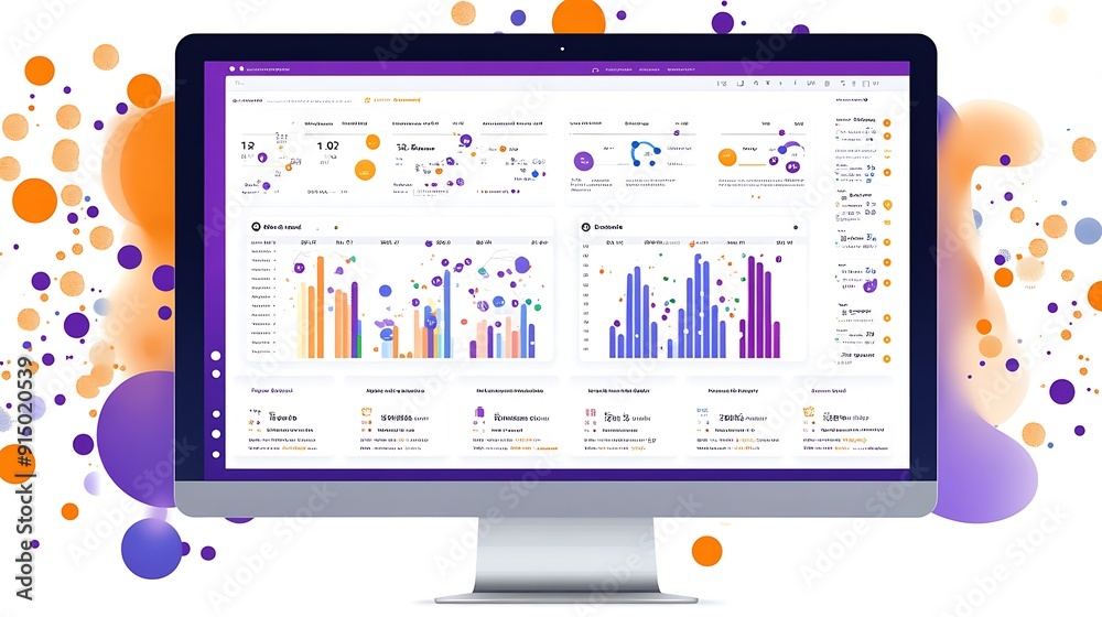 A vibrant and modern desktop interface showcasing colorful analytics and data charts, featuring a sleek monitor design against a dynamic background. A vibrant and modern desktop interface showcasing colorful analytics and data charts, featuring a sleek monitor design against a dynamic background.