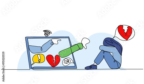 Vector illustration of bullying on social media. Modern flat in continuous line style.