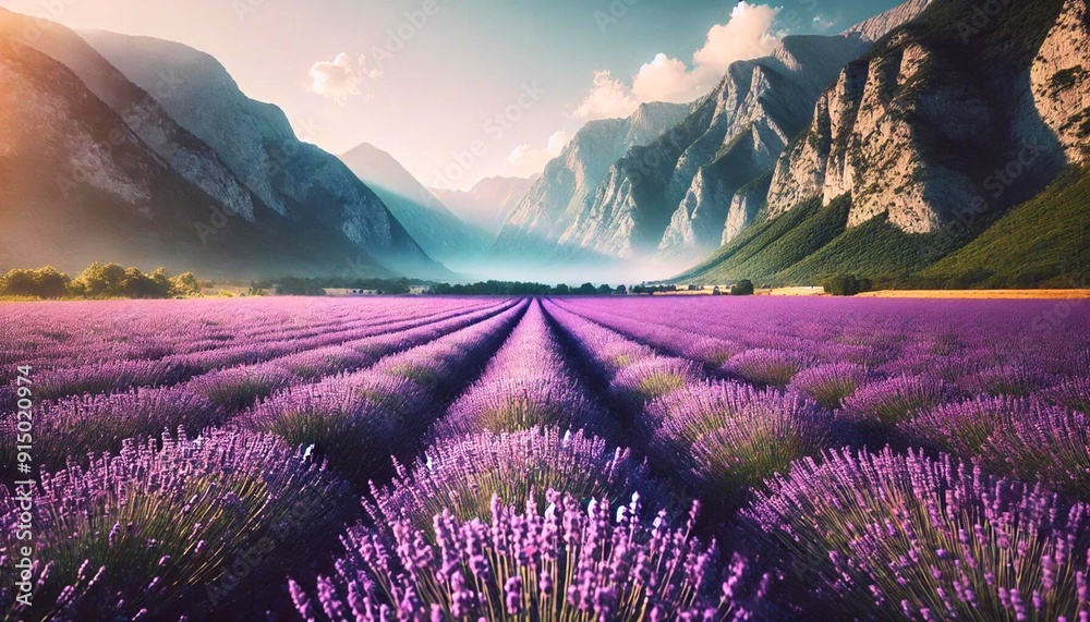 Expansive Lavender Fields with Mountain Backdrop Expansive Lavender Fields with Mountain Backdrop