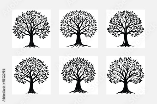 Set of silhouettes of tree crowns with leaves
