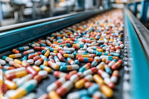 Conveyor belt filled with colorful capsules symbolizing the mass production and variety in modern medicine captured in a detailed high tech environment