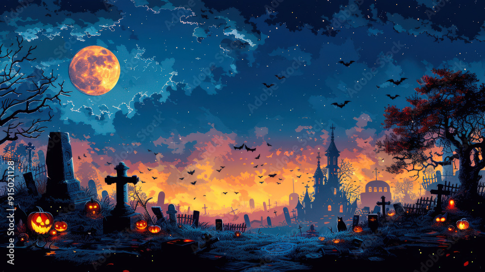 Halloween background. A cemetery with a yellow moon in the sky and a castle in the distance. The sky is filled with bats. The cemetery is filled with scary Halloween pumpkins Halloween background. A cemetery with a yellow moon in the sky and a castle in the distance. The sky is filled with bats. The cemetery is filled with scary Halloween pumpkins