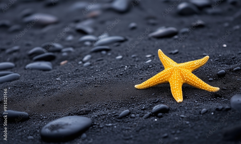 Isolated Volcanic Beach: Vibrant Starfish on Black Sand Isolated Volcanic Beach: Vibrant Starfish on Black Sand