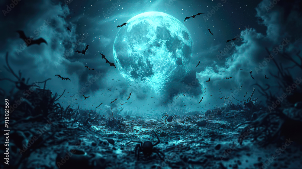 Fototapeta premium Creepy Halloween background with spiders, bats, dark sky and a big full moon. A night of horrors. Happy Halloween