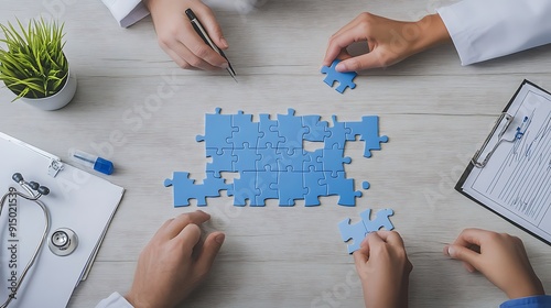 Doctors working together to solve a puzzle, symbolizing teamwork in healthcare