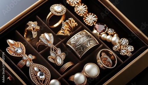 A close-up of a jewelry box with assorted rings and necklaces.