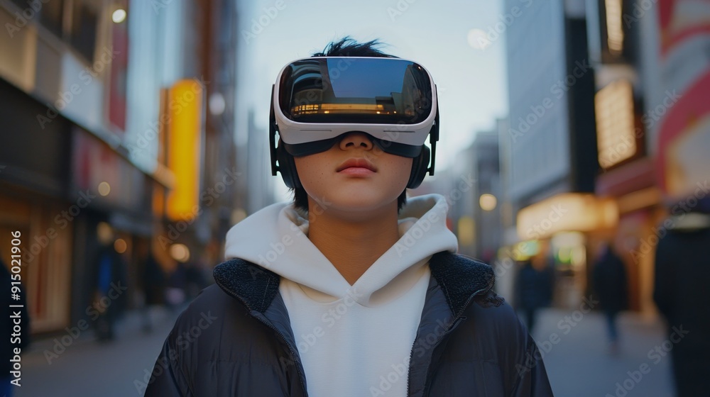 Teenager using virtual reality glasses in urban environment for immersive experience Teenager using virtual reality glasses in urban environment for immersive experience