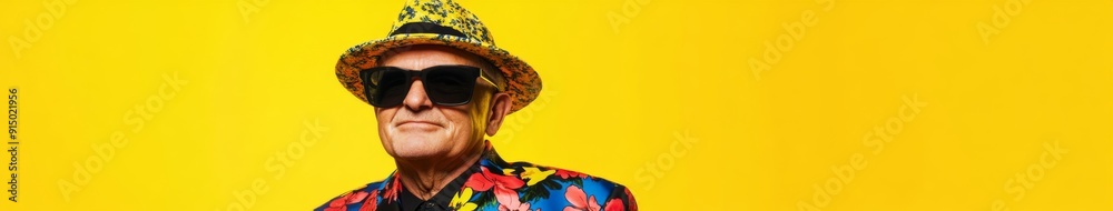Confident Elderly Gentleman in a Vibrant Print Shirt and Orange Sunglasses Striking a Pose on a Bright Yellow Background, Exuding Style, Confidence, and Personality Confident Elderly Gentleman in a Vibrant Print Shirt and Orange Sunglasses Striking a Pose on a Bright Yellow Background, Exuding Style, Confidence, and Personality