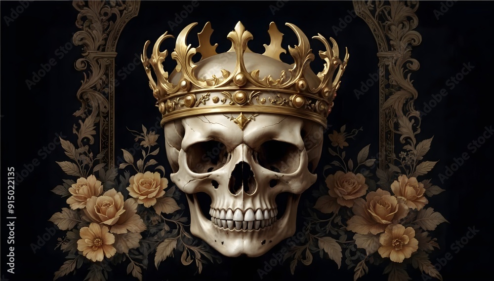 A skull wearing a golden crown, surrounded by roses against a dark background A skull wearing a golden crown, surrounded by roses against a dark background