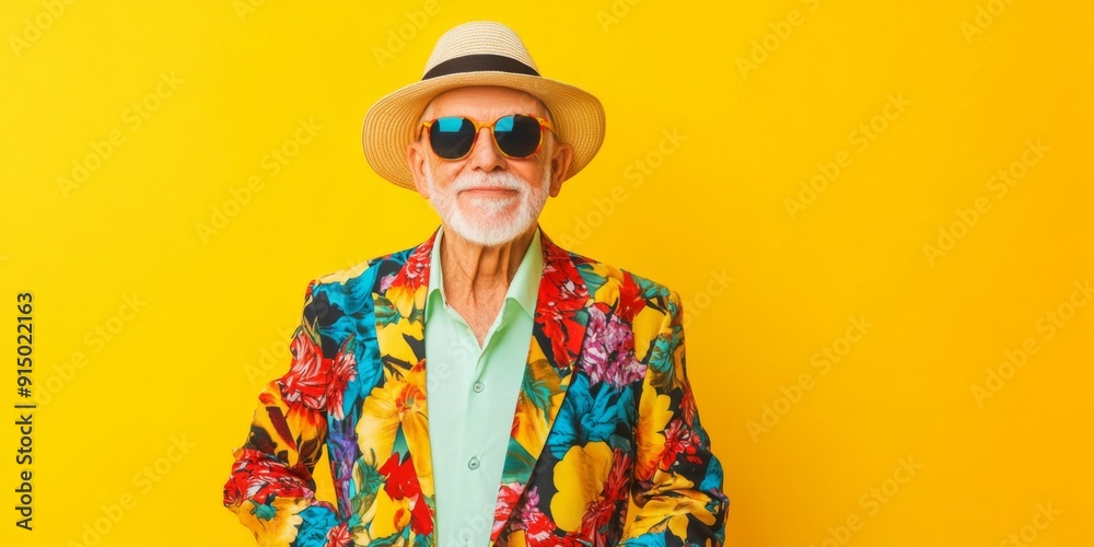 Confident Elderly Gentleman in a Vibrant Print Shirt and Orange Sunglasses Striking a Pose on a Bright Yellow Background, Exuding Style, Confidence, and Personality Confident Elderly Gentleman in a Vibrant Print Shirt and Orange Sunglasses Striking a Pose on a Bright Yellow Background, Exuding Style, Confidence, and Personality