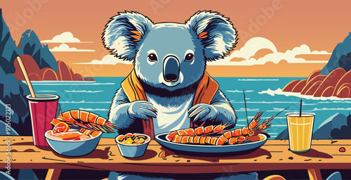 Australia Australian summer Christmas concept design, Koala with seafood buffet lunch at beach, banner T-shirt graphic print