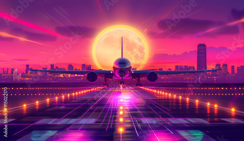 Retro 1980s synth-wave glowing neon lights plane with sun and city skyline. synth-wave skyline. Illustrations design