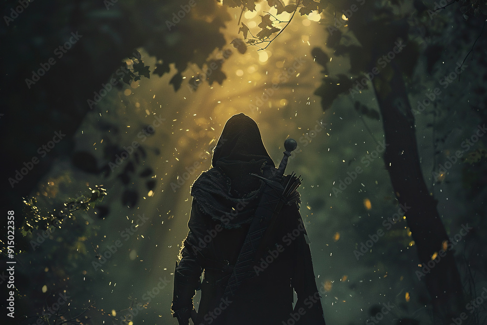 Silhouette of a warrior with a sword in a cloak in a mystical forest. Generated by artificial intelligence Silhouette of a warrior with a sword in a cloak in a mystical forest. Generated by artificial intelligence