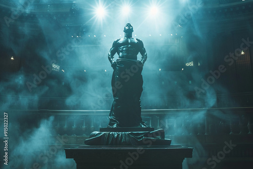 A statue depicting a victorious man in a dark room with bright rays.