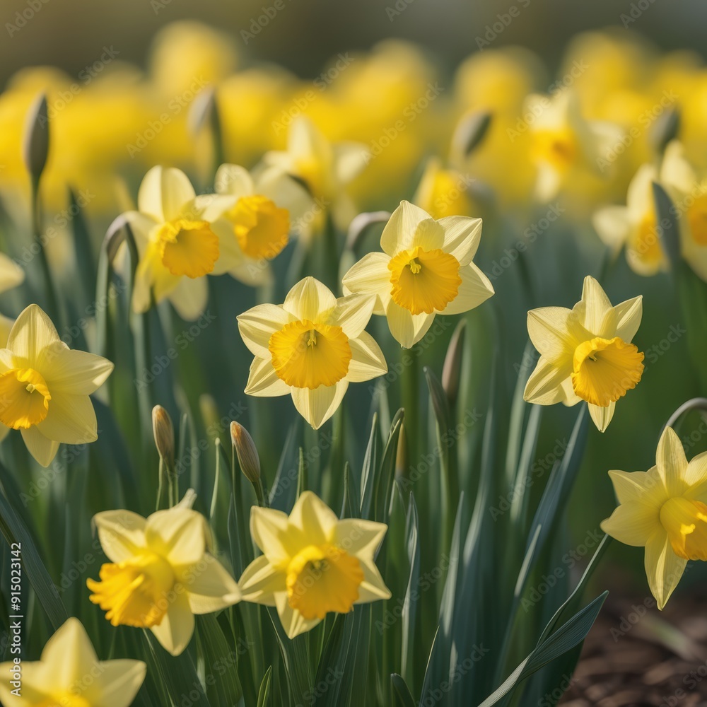 Field of bright yellow daffodils in full bloom. Field of bright yellow daffodils in full bloom.