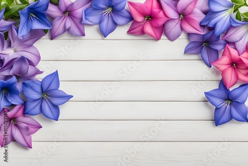 Balloon flowers border on white wooden, AI Generated photo