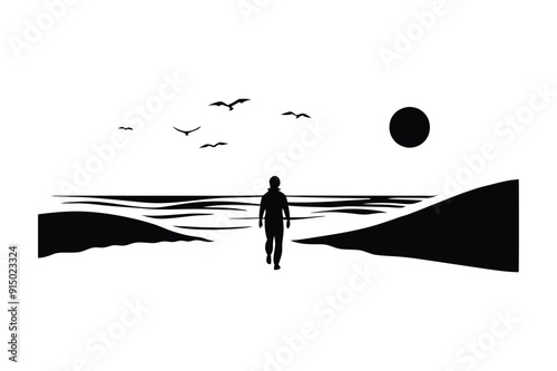 Minimalist black and white landscape with silhouette figure, distant mountains, flying birds, and reflective water evoking solitude and zen-like tranquility