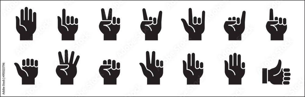 Hands gesture icon set. Hands fingers symbol. Hand finger signs set. included icons as palm, fist, bull, index, pinky, thumb up, counting and peace. Vector stock illustration in flat style. Hands gesture icon set. Hands fingers symbol. Hand finger signs set. included icons as palm, fist, bull, index, pinky, thumb up, counting and peace. Vector stock illustration in flat style.