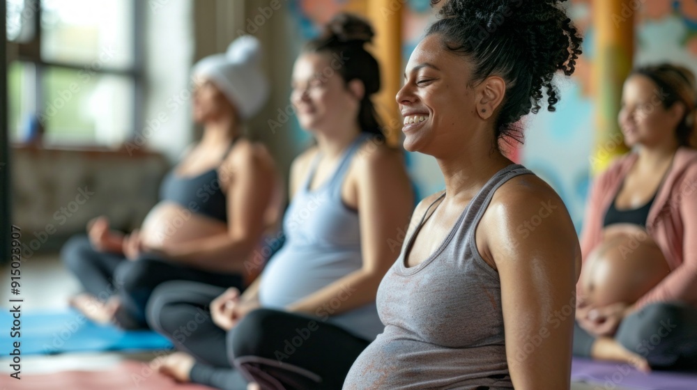 A group of women are sitting on yoga mats and smiling A group of women are sitting on yoga mats and smiling