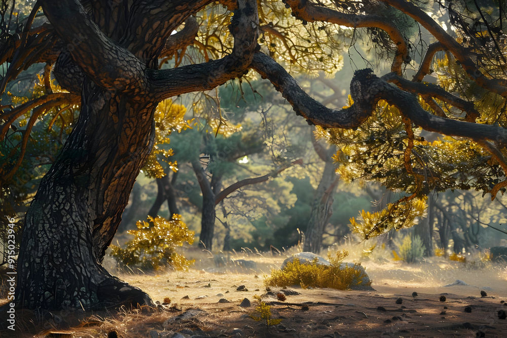 Fototapeta premium Forest Tree Trunk with Golden Light Photograph