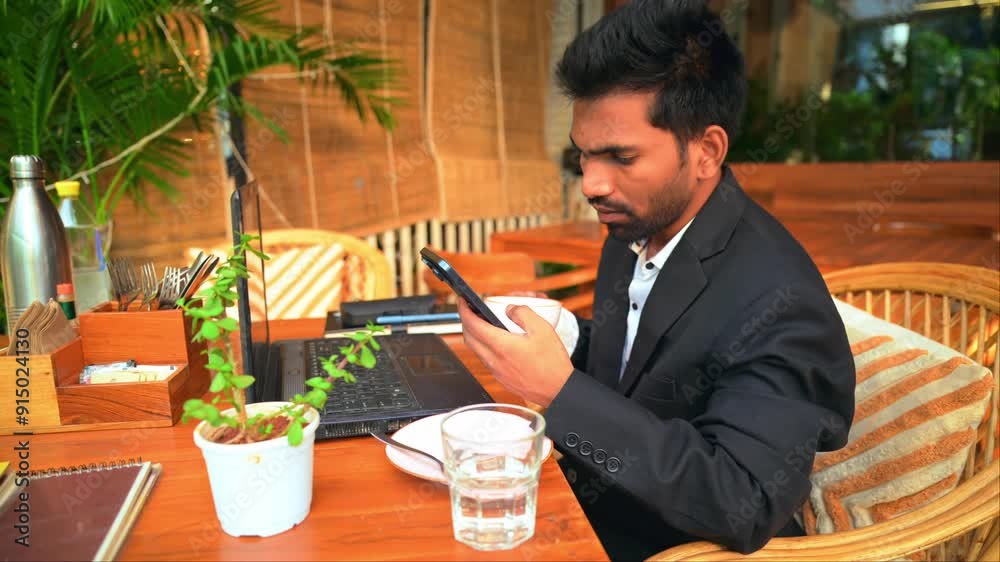 Corporate Employee Checking Phone in a Restaurant Corporate Employee Checking Phone in a Restaurant