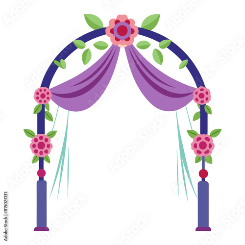 Elegant Wedding Arch with Floral Decorations and Draped Curtains for a Stunning Ceremony photo