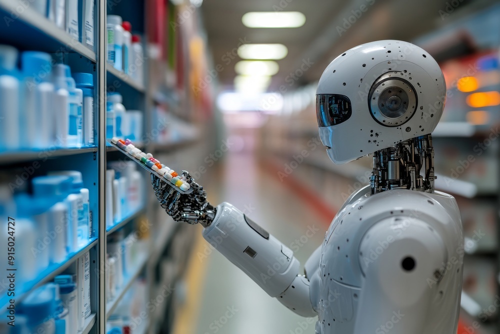 Robot browsing pharmacy shelves symbolizing the future of AI in healthcare captured in a bright detailed environment with a focus on modern technology