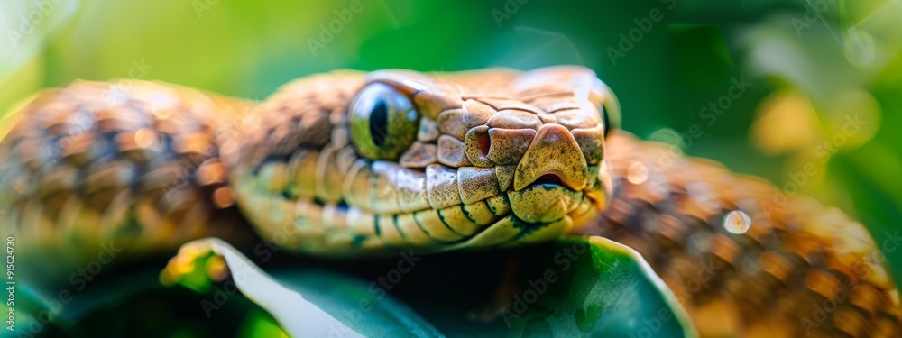Obraz premium A tight shot of a snake's head above a green plant, background softly blurred