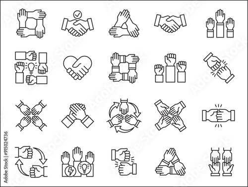 Teamwork icon. Cooperation hands icon set. Collaboration symbol. Business co-worker sign. Icons of brotherhood, relation, connection, partnership. Vector isolated illustration in line style design