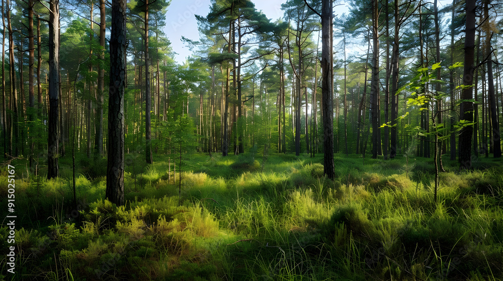 Obraz premium Sunlight Through Trees in Lush Forest - Photo