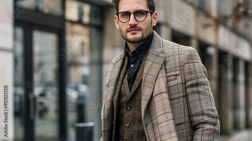 A European man in his 30s, dressed in a stylish checkered suit, standing on a city street. He is wearing glasses and has a serious expression