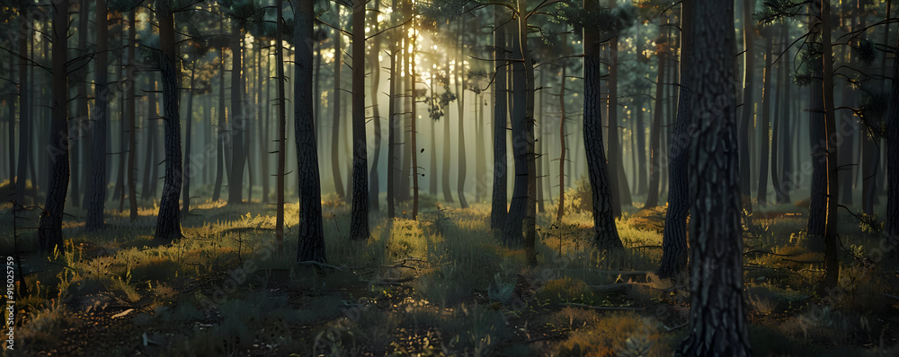 Sun Rays Through Pine Forest - 3D Illustration Sun Rays Through Pine Forest - 3D Illustration