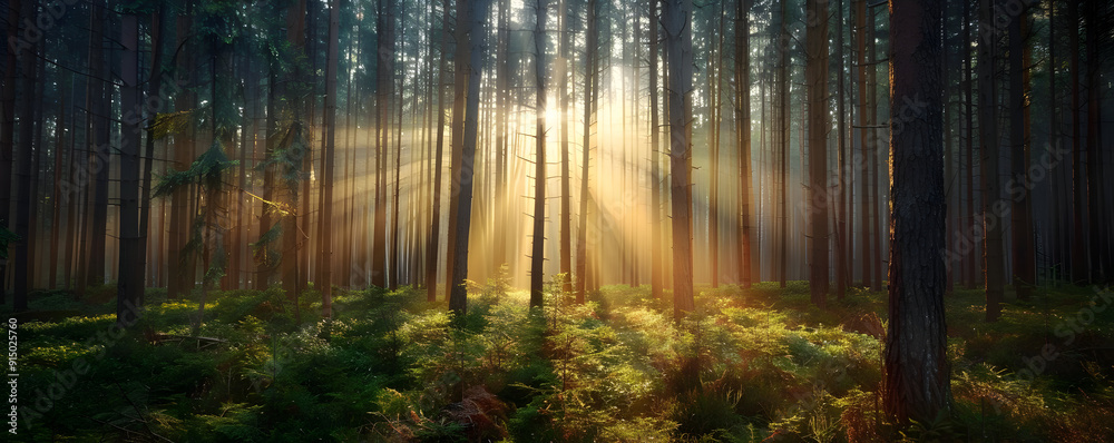 Obraz premium Sunbeams Through Forest Trees Photo