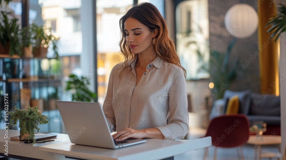 A businesswoman at a standing desk, typing on her laptop, looking focused and determined in a modern office space. A businesswoman at a standing desk, typing on her laptop, looking focused and determined in a modern office space.