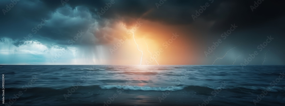 A vast water expanse beneath a murky sky, punctuated by a solitary lightning bolt overhead A vast water expanse beneath a murky sky, punctuated by a solitary lightning bolt overhead