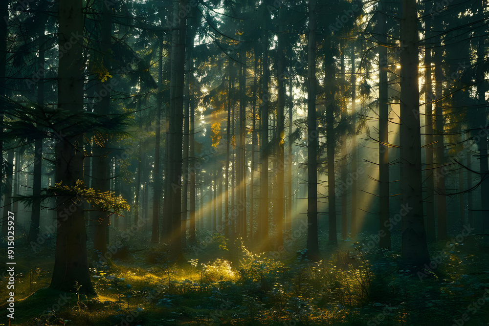 Obraz premium Sunlight Beams Through Misty Forest Trees Photo