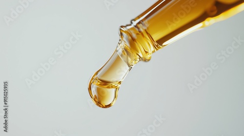 Golden liquid dropper releasing essential oil into clear space for wellness and soothing relaxation at home