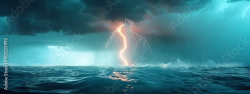  A lightning bolt pierces the stormy sky above a serene body of water In the foreground, a boat floats tranquilly Dark clouds loom ominously in the