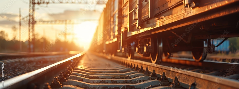 A tight shot of sun-bathed train tracks against a backdrop of trees with sunlight streaming down A tight shot of sun-bathed train tracks against a backdrop of trees with sunlight streaming down