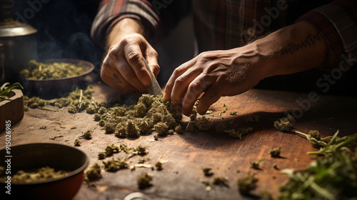 Man's hands rolling cannabis joint.