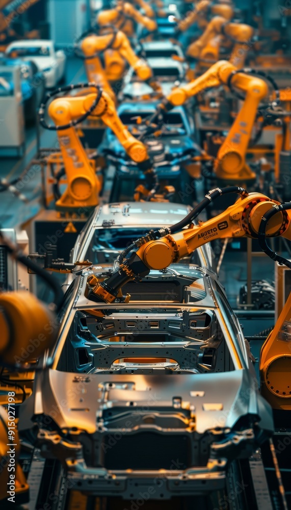 Robotic assembly line in a modern automobile manufacturing workshop with advanced technology Robotic assembly line in a modern automobile manufacturing workshop with advanced technology