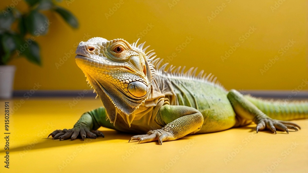 Obraz premium Green iguana isolated on yellow background. Banner with copy space. Close up, side view. National Iguana Awareness Day