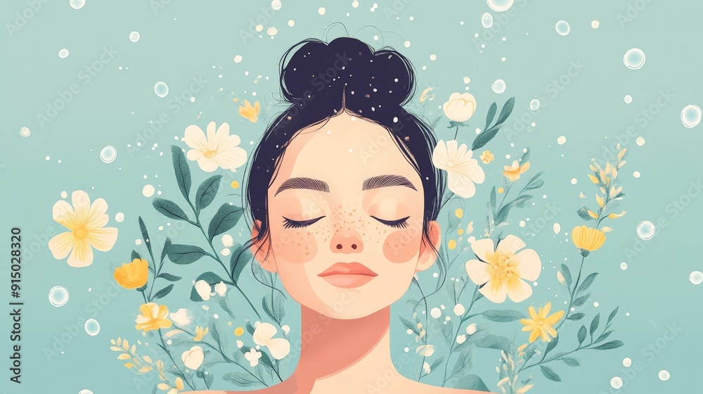 Serene Self-Care and Skincare Routine in Minimalist Flat Illustration Style Serene Self-Care and Skincare Routine in Minimalist Flat Illustration Style